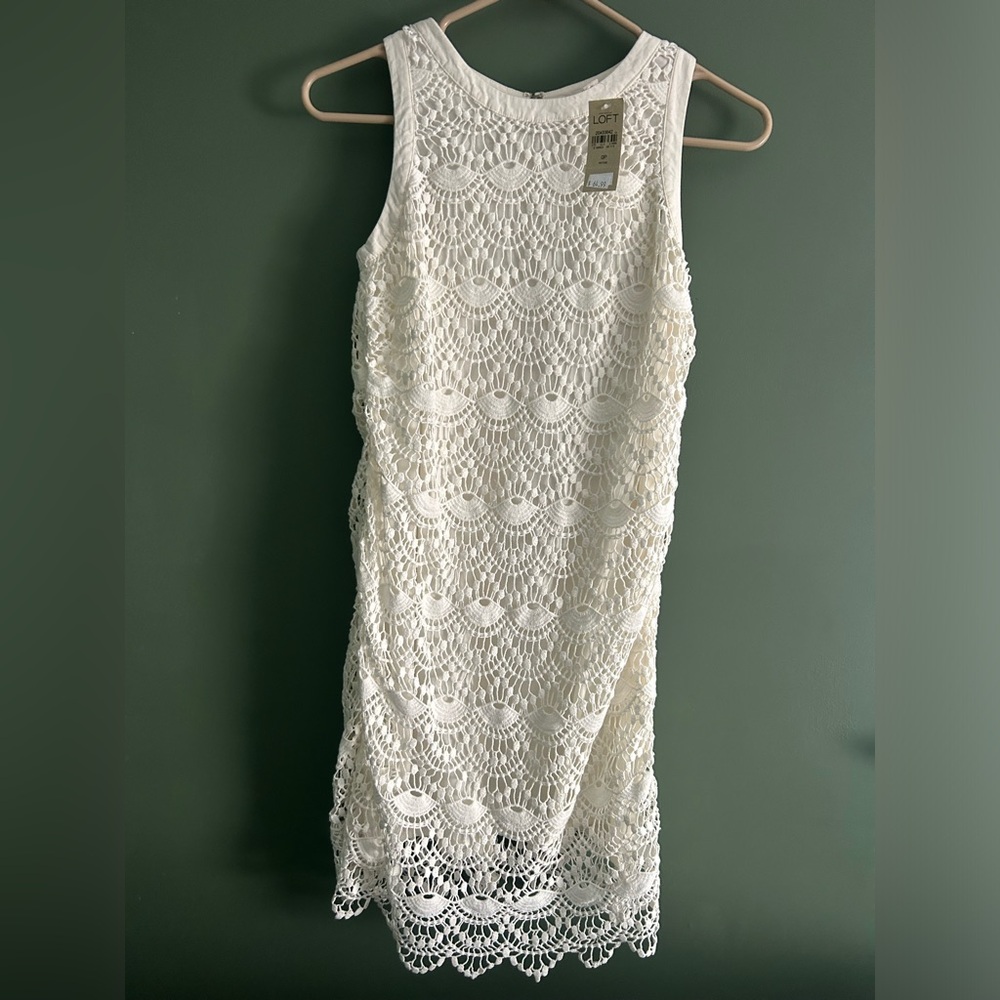 NWT LOFT ivory scallop lace overlay halter shift dress - 0P